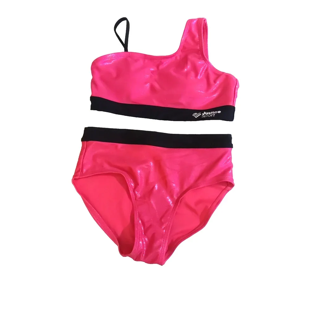 Justice Sport Girls Bathing Suit Bakini Hot Pink Black Metallic Size L 12/ 14